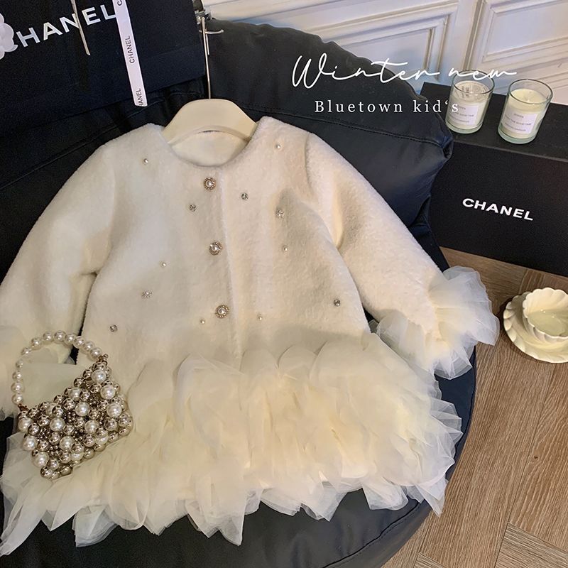 Baby Clothing Quilt - เสื้อโค้ทตาข่ายเจ้าหญิงขนฟูสำหรับเด็กผู้หญิง ฤดูใบไม้ร่วงและฤดูหนาว รุ่นใหม่ ความยาวปานกลาง เสื้อผ้าเด็กแบบเย็บติดกัน ชุดเดรสวันเกิดสำหรับเด็กทารก