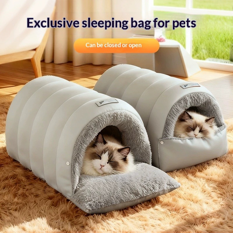 Fleece Sleep Bag - ถุงนอนหนังแบบกึ่งปิด บ้านแมวแบบซักได้ กันน้ำด้านล่าง อุ่นในฤดูหนาว เตียงแมวแบบถ้ำ บุผ้าฟลีซ