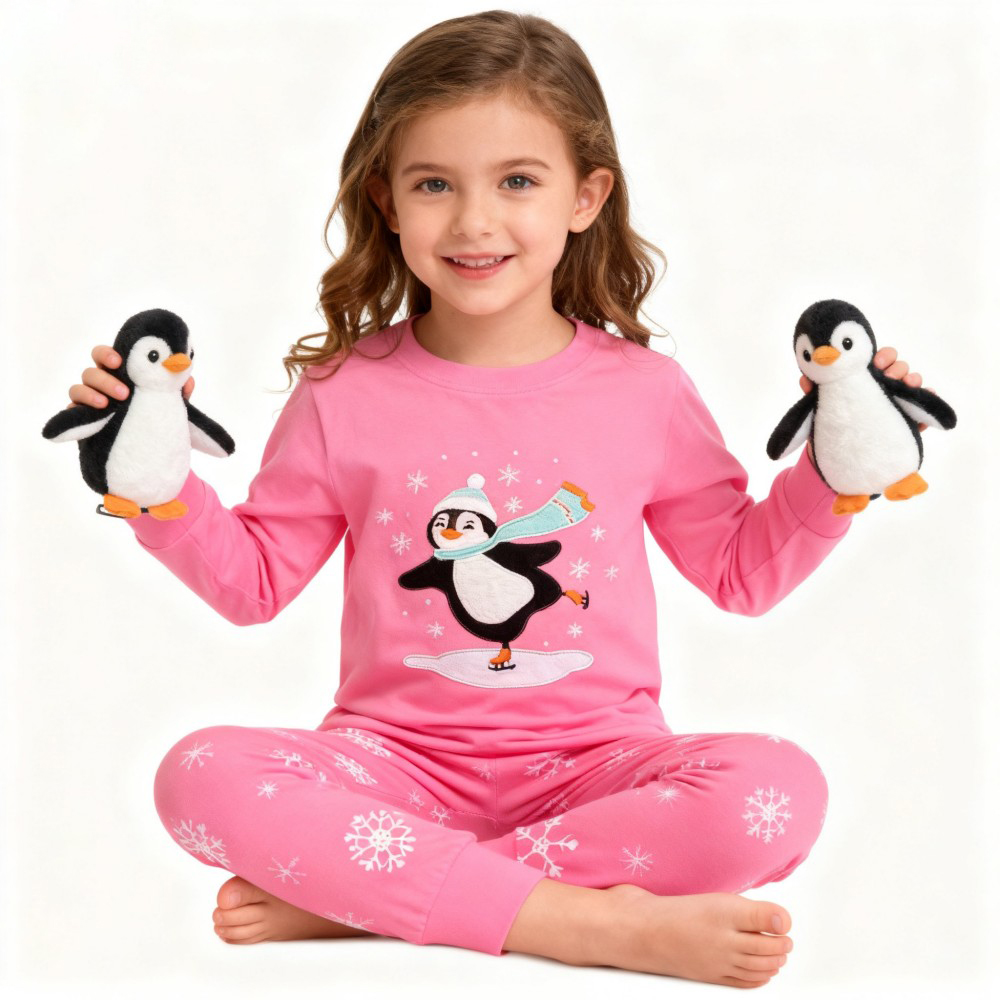 Baby Sleep Suit - ชุดนอนเด็กผู้หญิงลายคริสต์มาส ผ้าฝ้าย 100% ลายเพนกวินและสโนว์แมน ชุดนอนเด็ก ชุดนอนคริสต์มาส