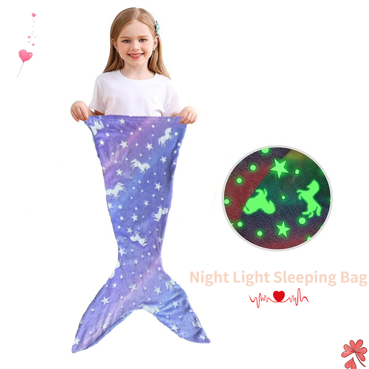 Fleece Sleep Bag - ชุดนอนเรืองแสงในที่มืด ชุดคอสเพลย์หางนางเงือกสำหรับเด็กผู้หญิง ผ้าฟลีซเนื้อนุ่ม ผ้าห่มแสนสบาย สไตล์แฟนตาซี น่ารัก