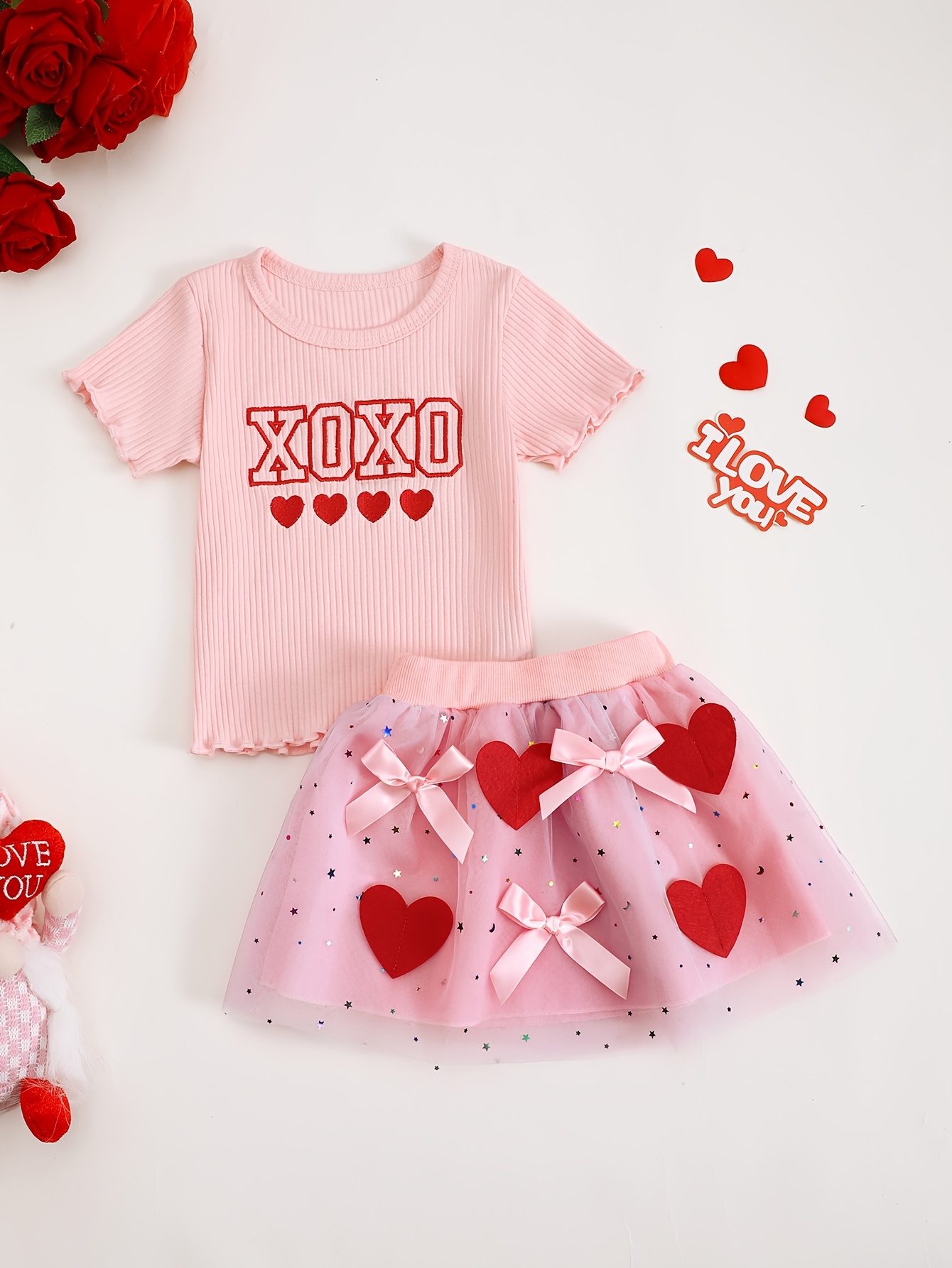 Xoxo Baby Clothing - ชุดกระโปรงผ้าทูลปักลายตัวอักษร XOXO สำหรับเด็กผู้หญิง ชุดเสื้อผ้าเด็กทารกประดับด้วยลูกไม้